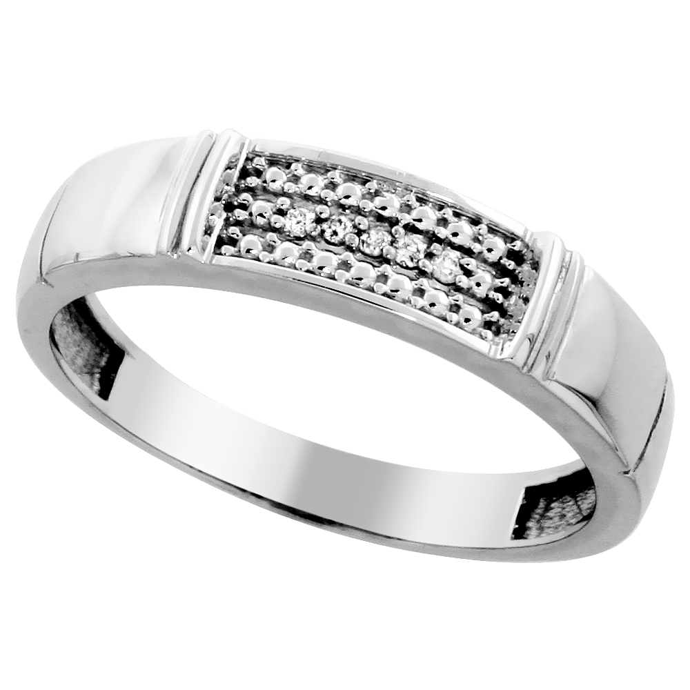 10k White Gold Mens Diamond Wedding Band Ring 0.03 cttw Brilliant Cut, 3/16 inch 5mm wide