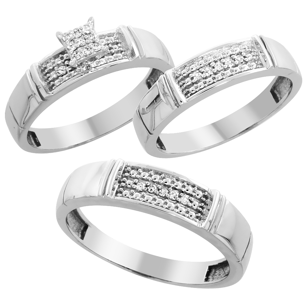 10k White Gold Diamond Trio Wedding Ring Set 3-piece His & Hers 5 & 4.5 mm, 0.13 cttw, sizes 5  14