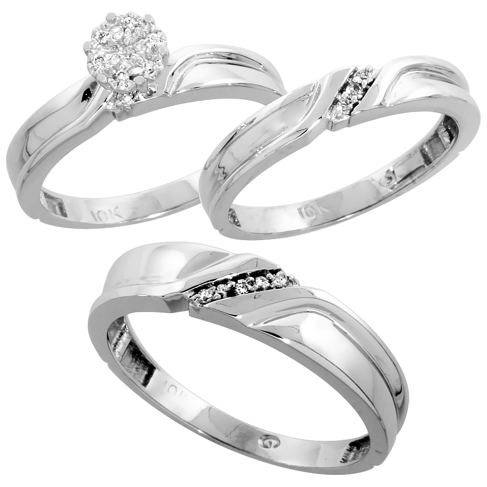 10k White Gold Diamond Trio Wedding Ring Set 3-piece His & Hers 5 & 3.5 mm 0.11 cttw, sizes 5  14