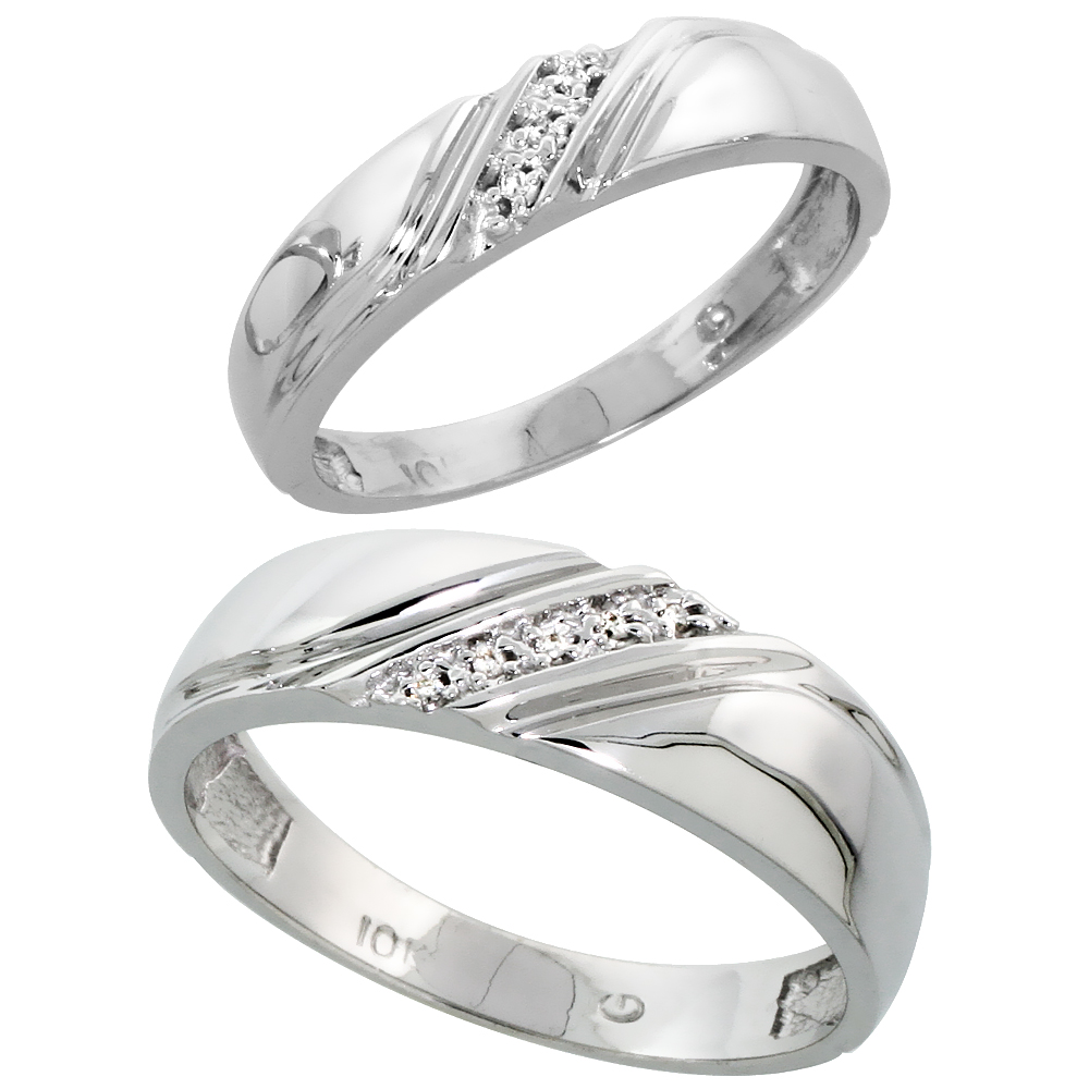 10k White Gold Diamond Wedding Rings Set for him 6 mm and her 4.5 mm 2-Piece 0.05 cttw Brilliant Cut, ladies sizes 5 � 10, mens 