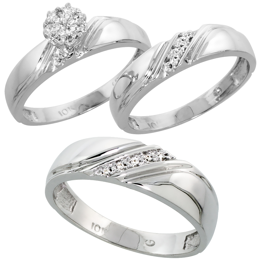 10k White Gold Diamond Trio Wedding Ring Set 3-piece His & Hers 6 & 4.5 mm 0.10 cttw, sizes 5  14
