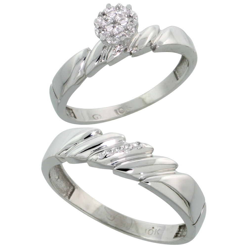 10k White Gold Diamond Engagement Rings Set for Men and Women 2-Piece 0.08 cttw Brilliant Cut, 4mm & 5mm wide