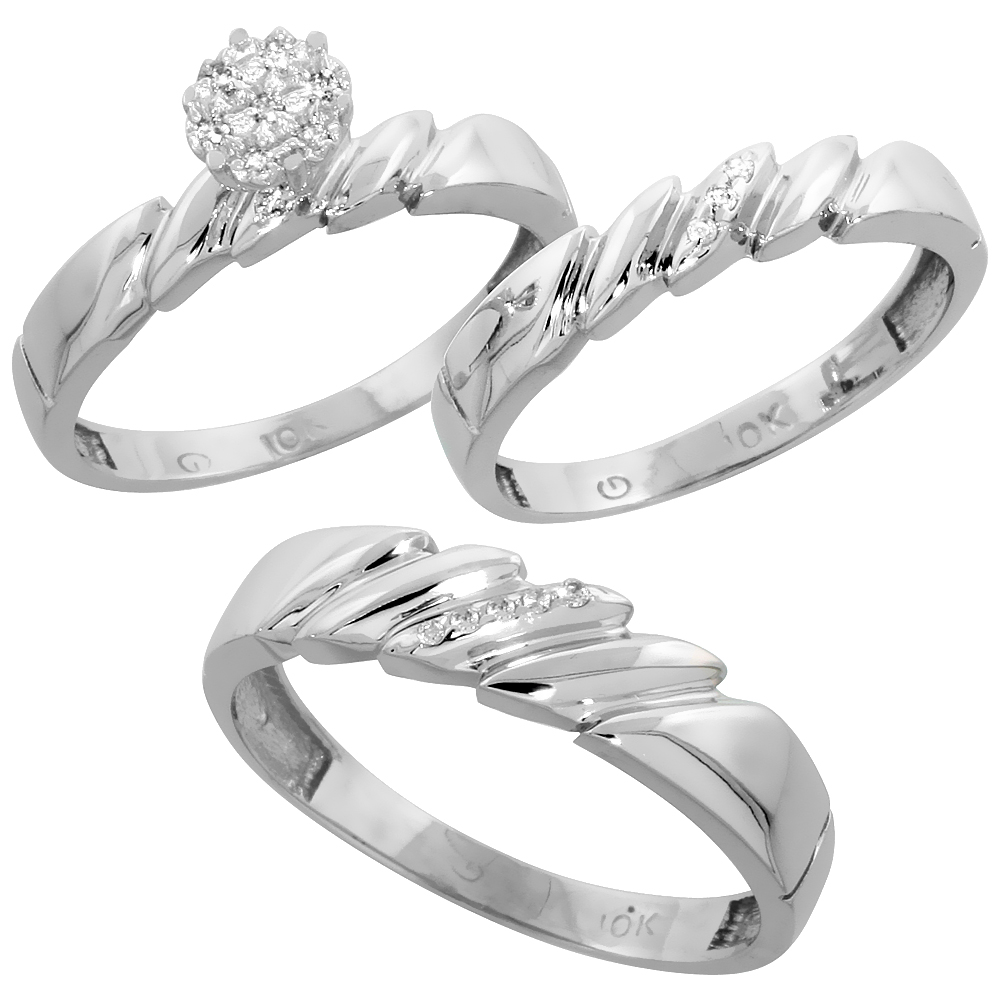 10k White Gold Diamond Trio Wedding Ring Set 3-piece His & Hers 5 & 4 mm 0.10 cttw, sizes 5  14
