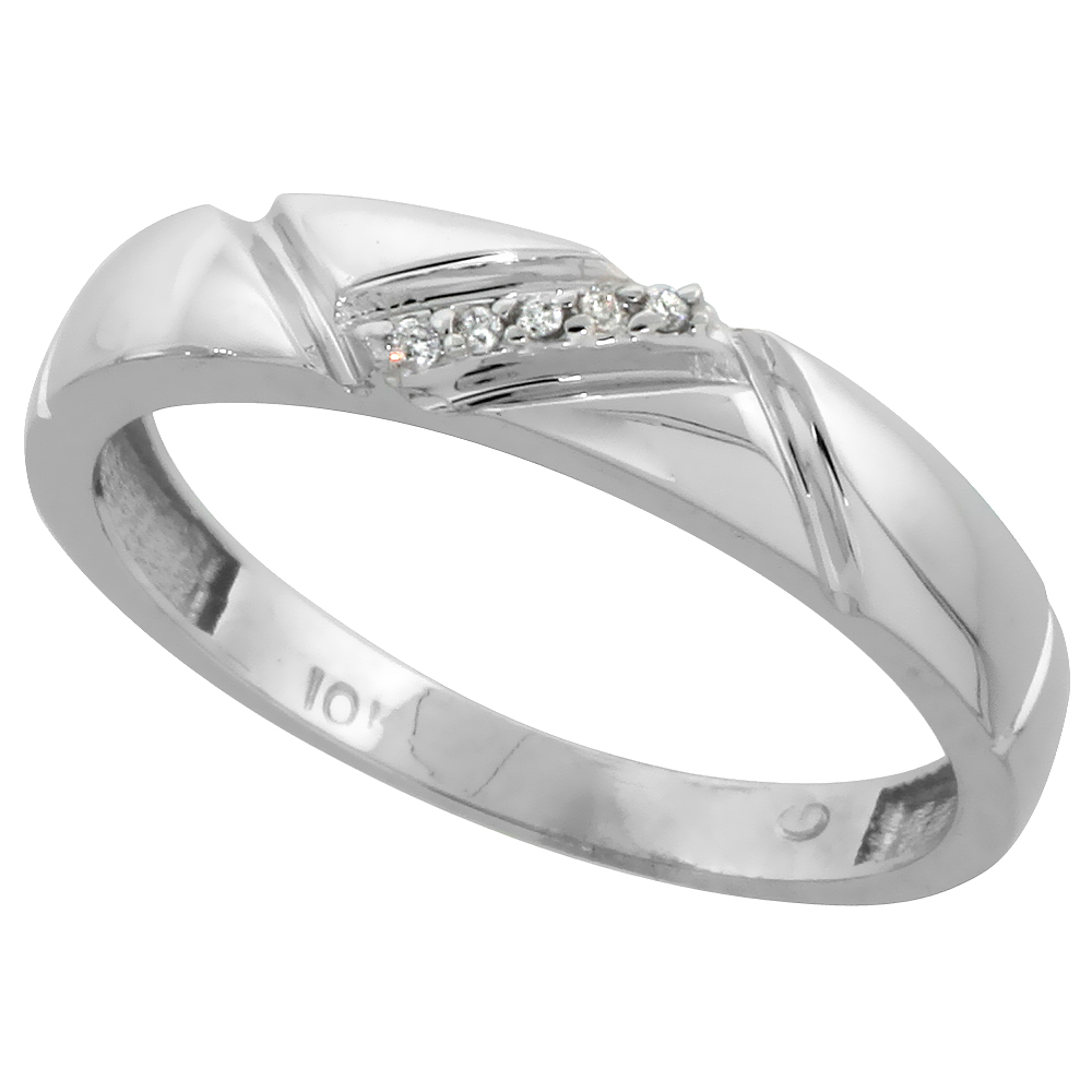 10k White Gold Mens Diamond Wedding Band Ring 0.03 cttw Brilliant Cut, 3/16 inch 4.5mm wide