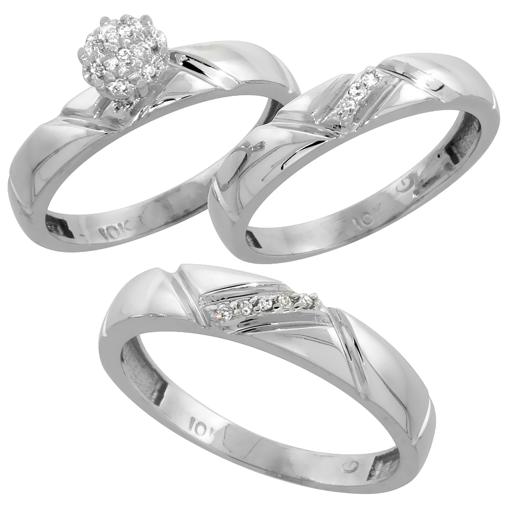 10k White Gold Diamond Trio Wedding Ring Set 3-piece His & Hers 4.5 & 4 mm 0.10 cttw, sizes 5  14