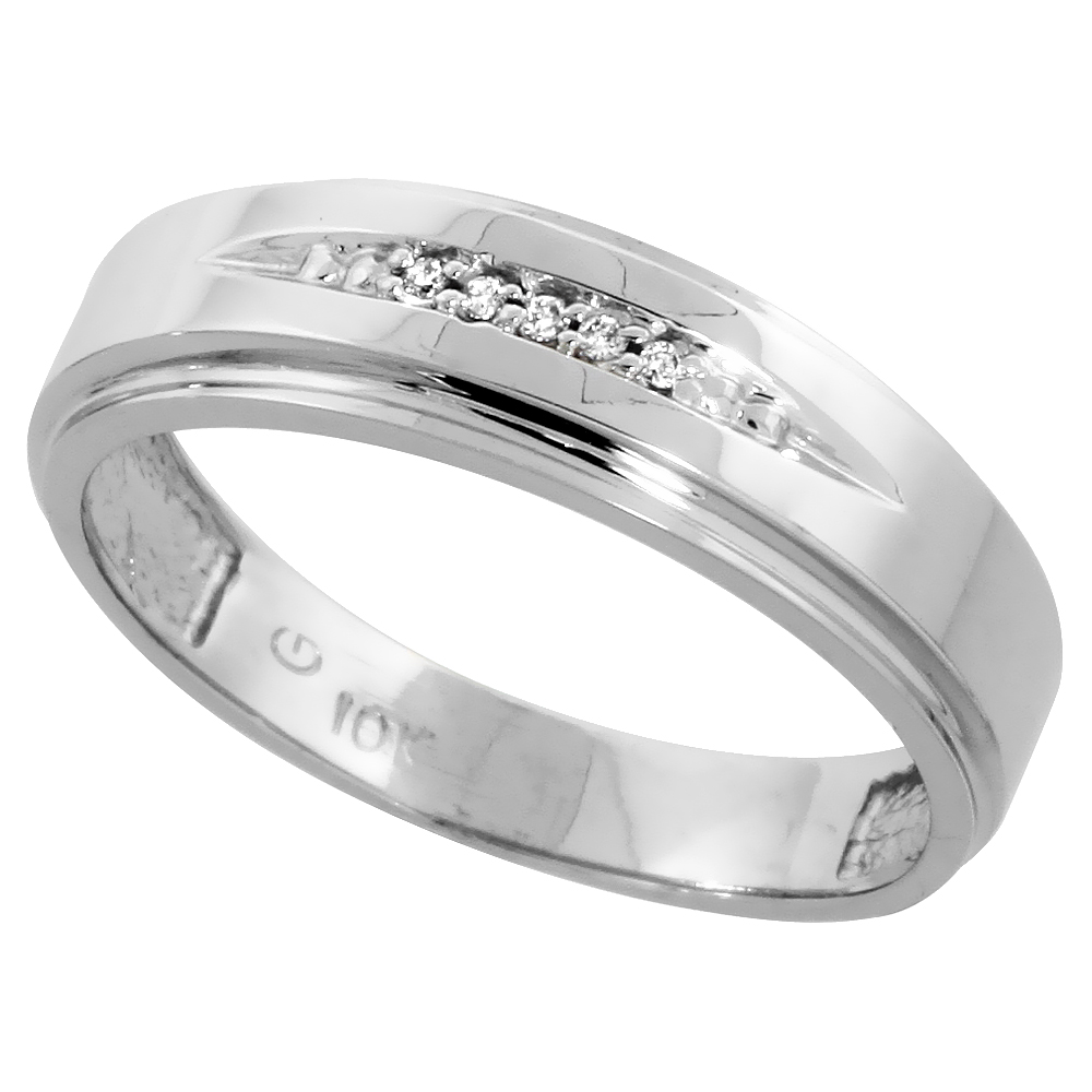 10k White Gold Mens Diamond Wedding Band Ring 0.03 cttw Brilliant Cut, 1/4 inch 6mm wide