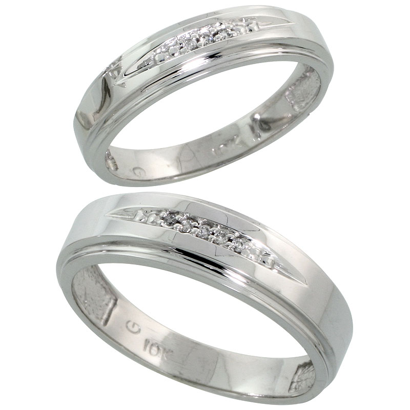 10k White Gold Diamond Wedding Rings Set for him 6 mm and her 5 mm 2-Piece 0.05 cttw Brilliant Cut, ladies sizes 5 � 10, mens si