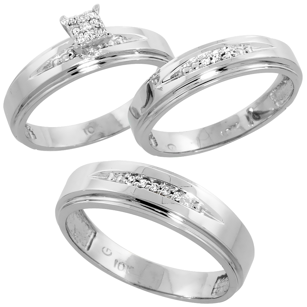 10k White Gold Diamond Trio Wedding Ring Set 3-piece His & Hers 6 & 5 mm 0.11 cttw, sizes 5  14