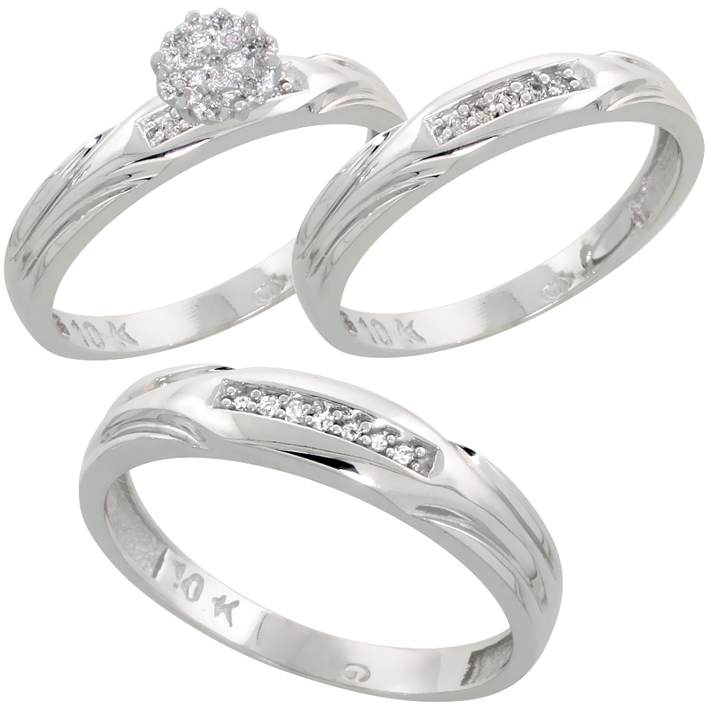 10k White Gold Diamond Trio Wedding Ring Set 3-piece His & Hers 4.5 & 3.5 mm 0.13 cttw, sizes 5  14