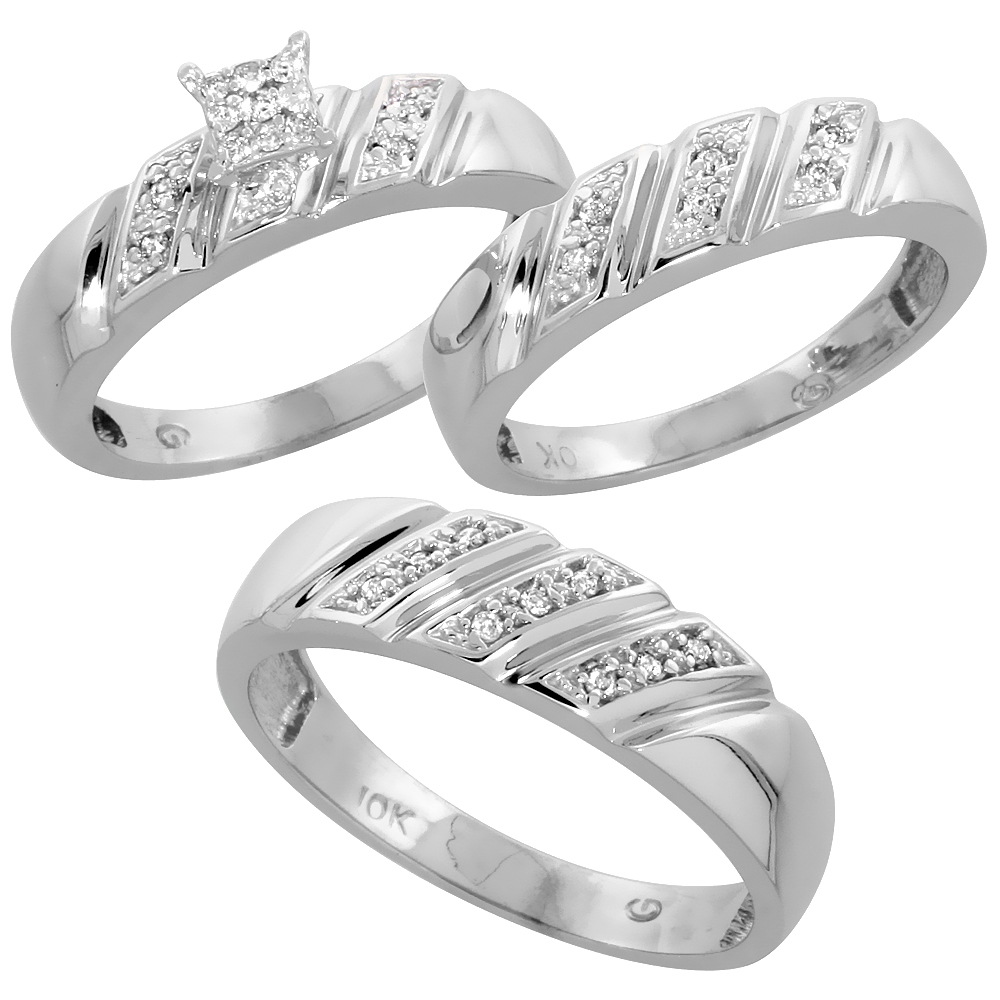 10k White Gold Diamond Trio Wedding Ring Set 3-piece His & Hers 6 & 5 mm 0.15 cttw, sizes 5  14