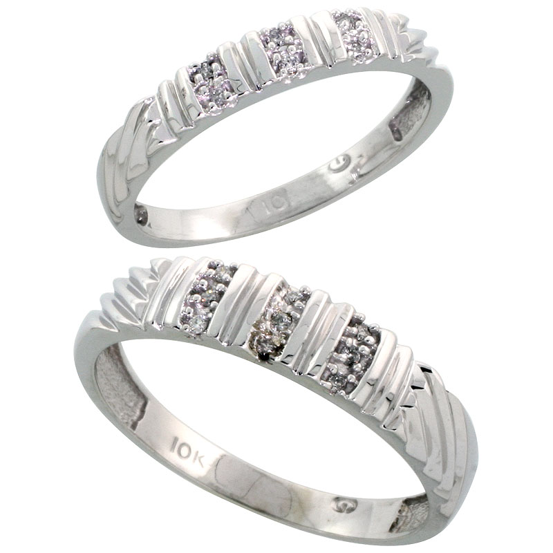 10k White Gold Diamond Wedding Rings Set for him 5 mm and her 3.5 mm 2-Piece 0.08 cttw Brilliant Cut, ladies sizes 5 ï¿½ 10, mens 