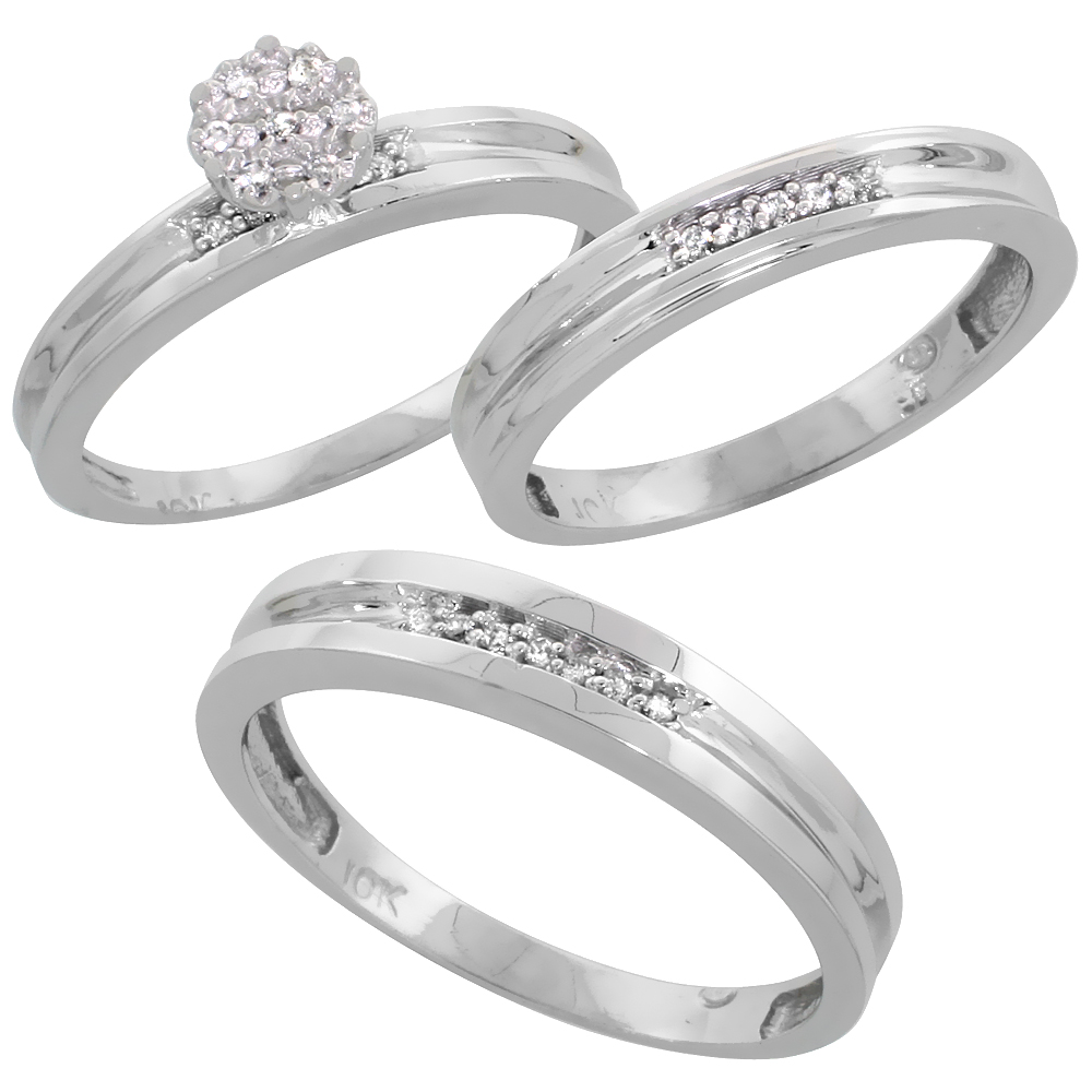 10k White Gold Diamond Trio Wedding Ring Set 3-piece His & Hers 4 & 3.5 mm 0.13 cttw, sizes 5  14