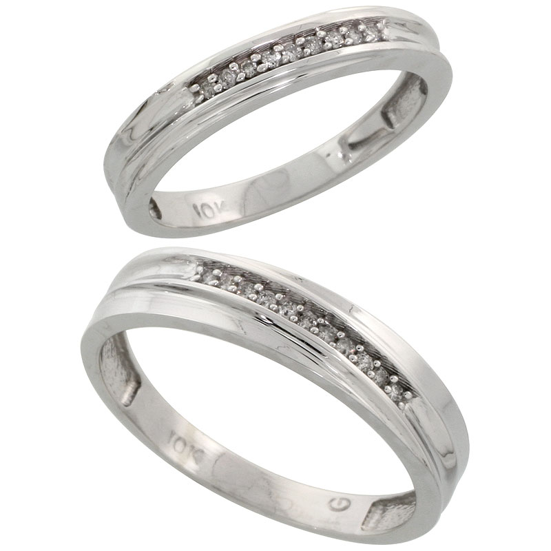 10k White Gold Diamond Wedding Rings Set for him 5 mm and her 3.5 mm 2-Piece 0.07 cttw Brilliant Cut, ladies sizes 5 ï¿½ 10, mens 