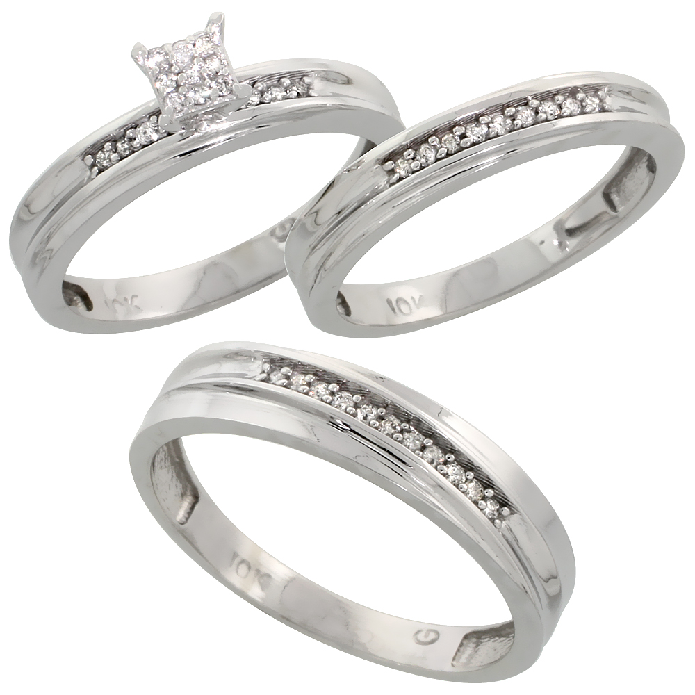 10k White Gold Diamond Trio Wedding Ring Set 3-piece His & Hers 5 & 3.5 mm 0.13 cttw, sizes 5  14