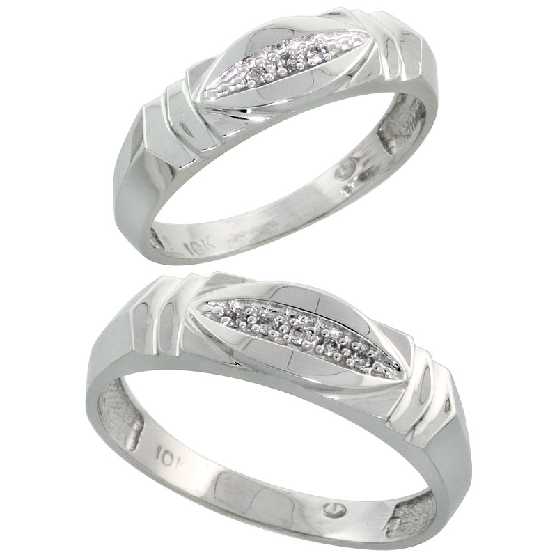 10k White Gold Diamond Wedding Rings Set for him 6 mm and her 5 mm 2-Piece 0.05 cttw Brilliant Cut, ladies sizes 5 ï¿½ 10, mens si