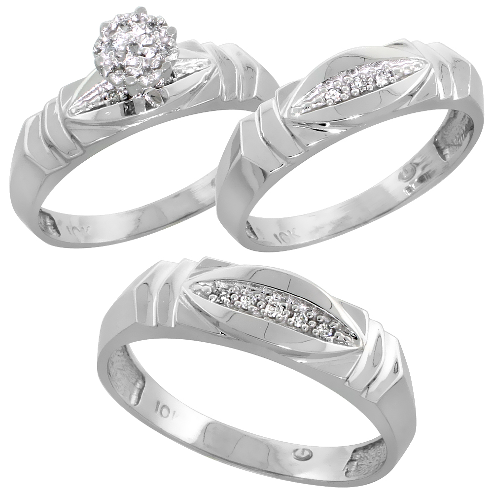 10k White Gold Diamond Trio Wedding Ring Set 3-piece His & Hers 6 & 5 mm 0.09 cttw, sizes 5  14