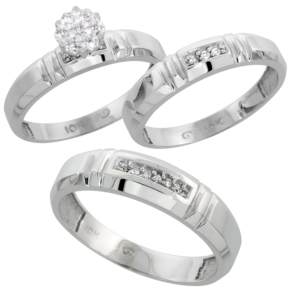 10k White Gold Diamond Trio Wedding Ring Set 3-piece His & Hers 4.5 & 4 mm 0.10 cttw, sizes 5  14