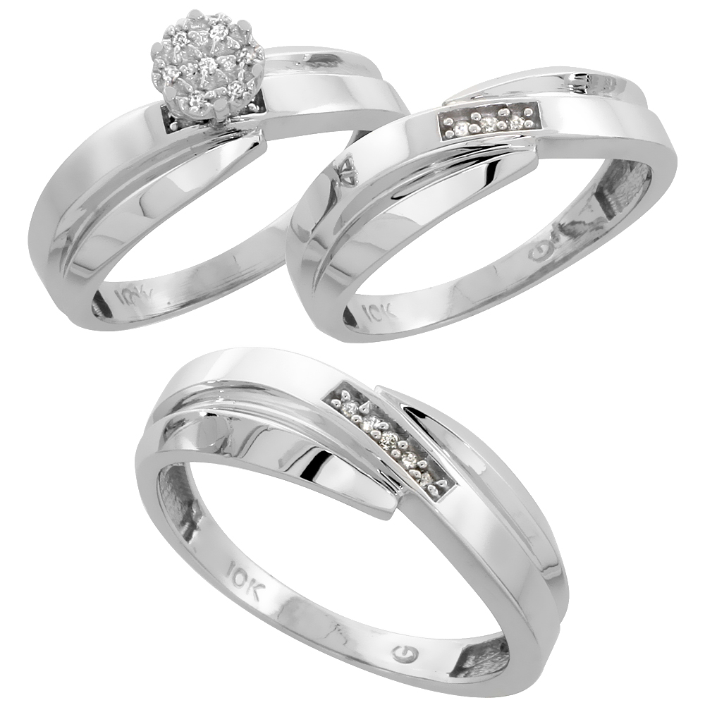 10k White Gold Diamond Trio Wedding Ring Set 3-piece His & Hers 7 & 6 mm 0.10 cttw, sizes 5  14
