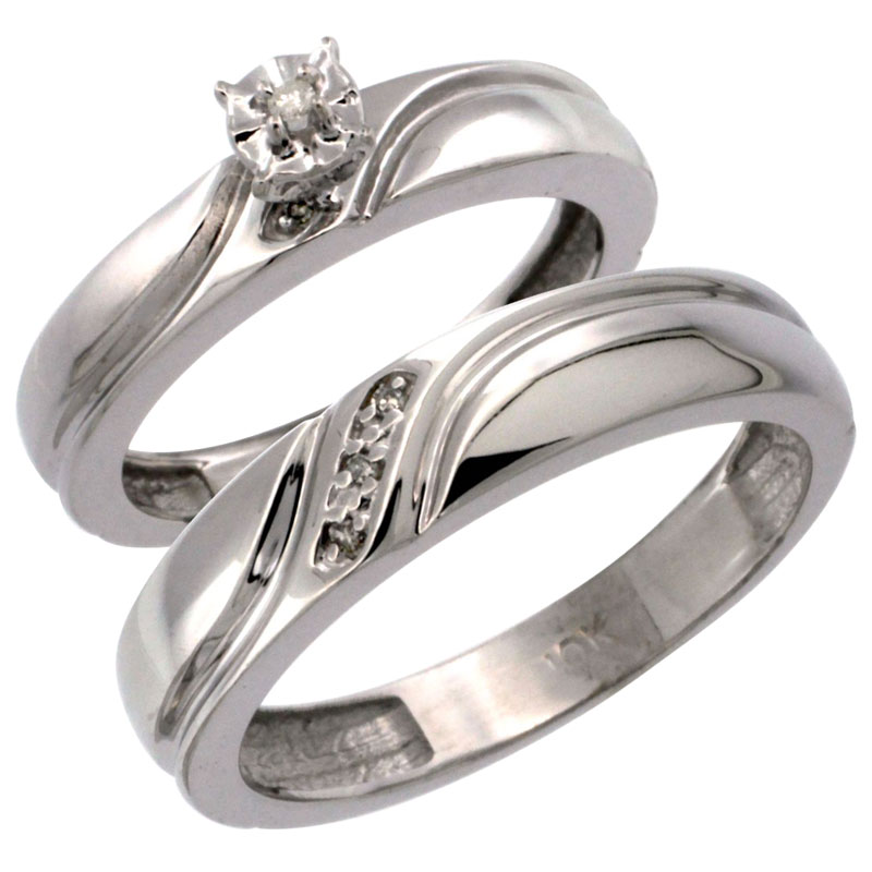 10k White Gold 2-Pc Diamond Ring Set (4mm Engagement Ring &amp; 5mm Man&#039;s Wedding Band), w/ 0.049 Carat Brilliant Cut Diamonds
