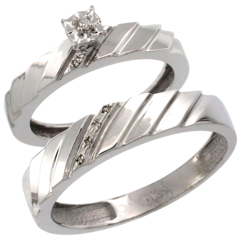 10k White Gold 2-Pc Diamond Ring Set (4mm Engagement Ring &amp; 5mm Man&#039;s Wedding Band), w/ 0.056 Carat Brilliant Cut Diamonds