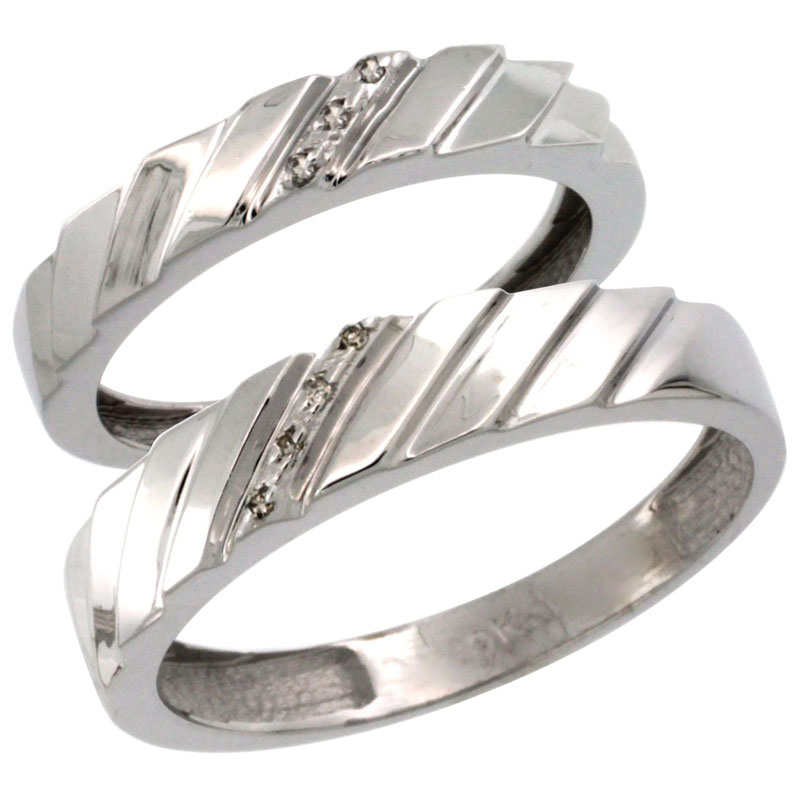 10k White Gold 2-Pc His (5mm) &amp; Hers (4mm) Diamond Wedding Ring Band Set w/ 0.045 Carat Brilliant Cut Diamonds (Ladies&#039; Sizes 5 to 10; Men&#039;s Sizes 8 to 14)