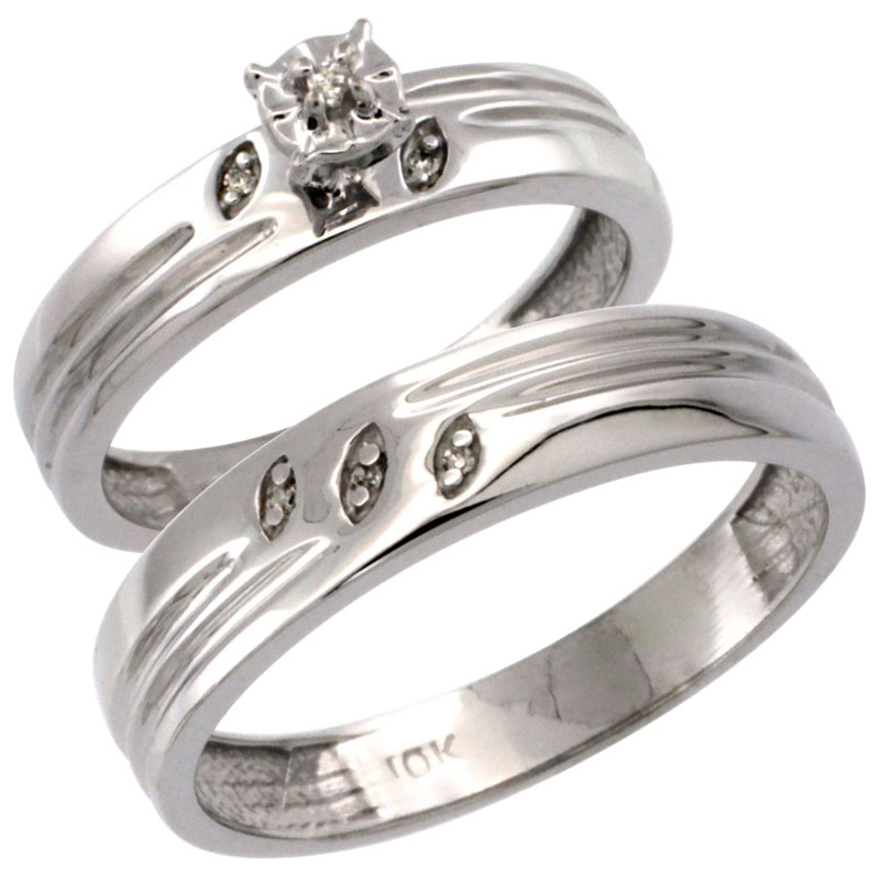 10k White Gold 2-Pc Diamond Ring Set (4.5mm Engagement Ring &amp; 5mm Man&#039;s Wedding Band), w/ 0.056 Carat Brilliant Cut Diamonds