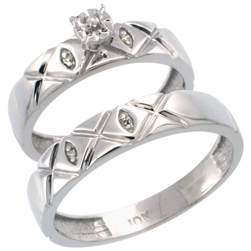 10k White Gold 2-Pc Diamond Ring Set (4.5mm Engagement Ring &amp; 5mm Man&#039;s Wedding Band), w/ 0.043 Carat Brilliant Cut Diamonds