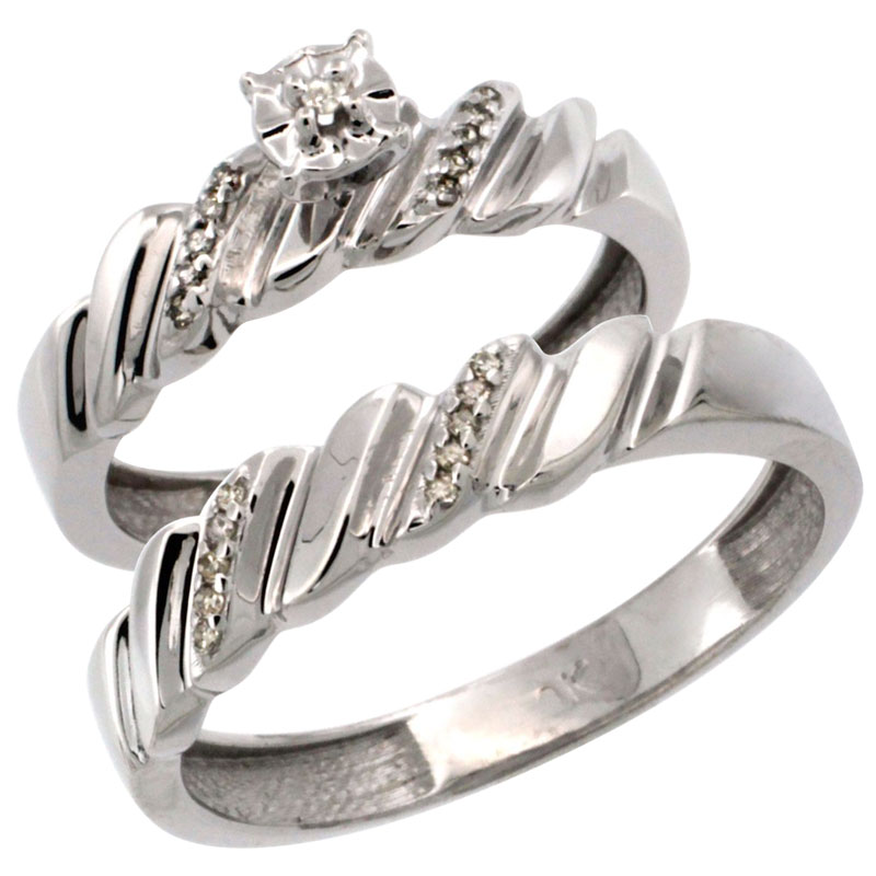 10k White Gold 2-Pc Diamond Ring Set (5mm Engagement Ring &amp; 5mm Man&#039;s Wedding Band), w/ 0.143 Carat Brilliant Cut Diamonds