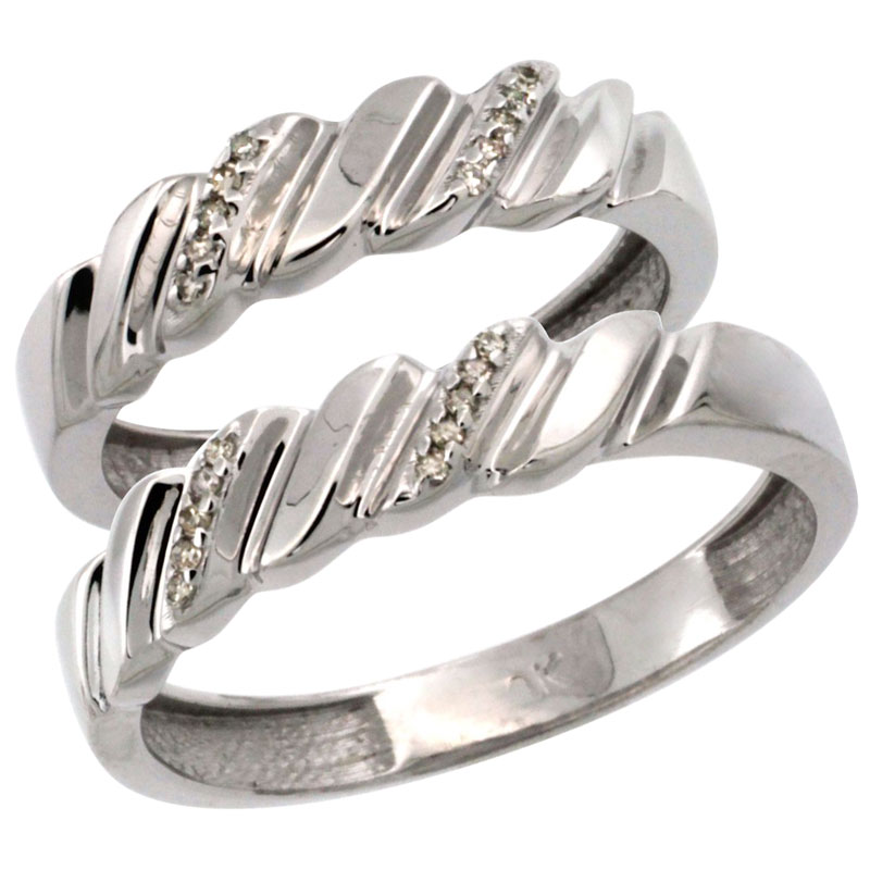 10k White Gold 2-Pc His (5mm) &amp; Hers (5mm) Diamond Wedding Ring Band Set w/ 0.126 Carat Brilliant Cut Diamonds (Ladies&#039; Sizes 5 to 10; Men&#039;s Sizes 8 to 14)