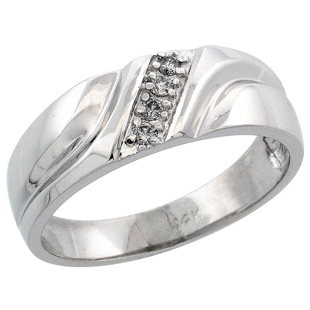 14k White Gold Men&#039;s Diamond Ring Band w/ 0.09 Carat Brilliant Cut Diamonds, 9/32 in. (7mm) wide