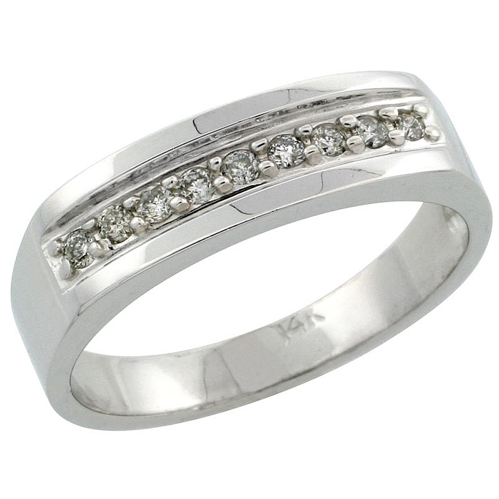 14k White Gold Men&#039;s Diamond Ring Band w/ 0.19 Carat Brilliant Cut Diamonds, 1/4 in. (6mm) wide