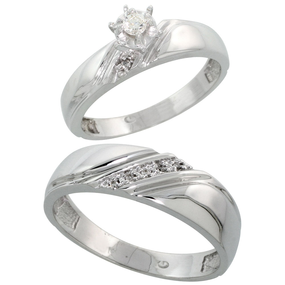 14k White Gold 2-Piece Diamond Ring Band Set w/ Rhodium Accent ( Engagement Ring & Man's Wedding Band ), w/ 0.21 Carat Brilliant Cut Diamonds, ( 5mm; 7mm ) wide