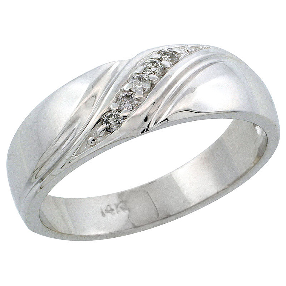 14k White Gold Men&#039;s Diamond Ring Band w/ 0.10 Carat Brilliant Cut Diamonds, 1/4 in. (7mm) wide