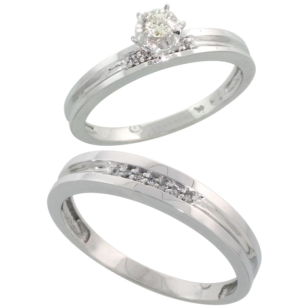 14k White Gold 2-Piece Diamond Ring Band Set w/ Rhodium Accent ( Engagement Ring & Man's Wedding Band ), w/ 0.35 Carat Brilliant Cut Diamonds, ( 3mm; 4mm ) wide