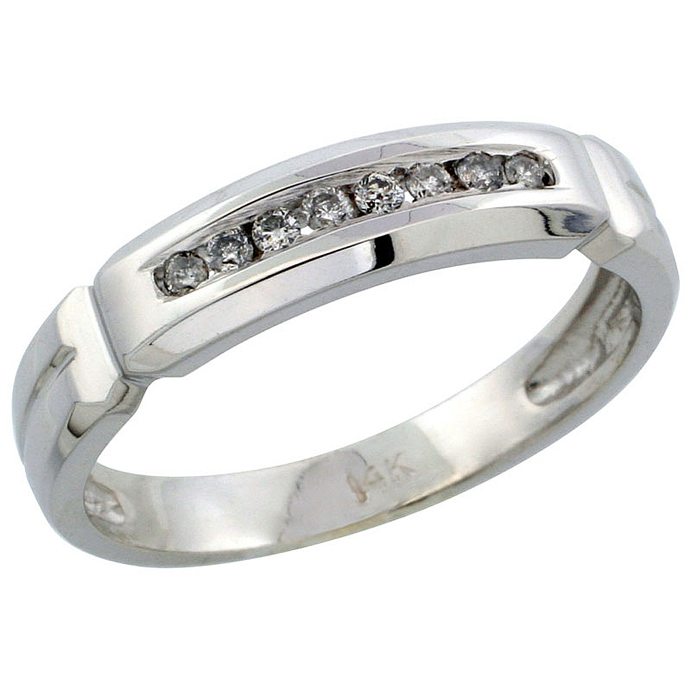 14k White Gold Men&#039;s Diamond Ring Band w/ 0.14 Carat Brilliant Cut Diamonds, 3/16 in. (5mm) wide