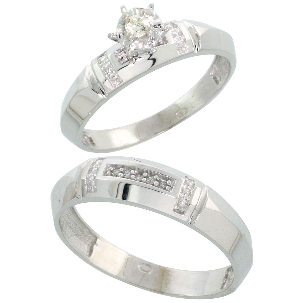 14k White Gold 2-Piece Diamond Ring Band Set w/ Rhodium Accent ( Engagement Ring &amp; Man&#039;s Wedding Band ), w/ 0.30 Carat Brilliant Cut Diamonds, ( 4mm; 6.5mm ) wide