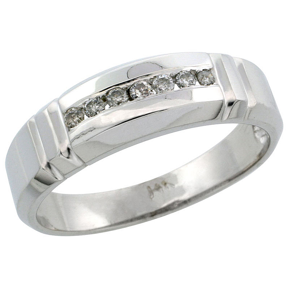 14k White Gold Men&#039;s Diamond Ring Band w/ 0.14 Carat Brilliant Cut Diamonds, 1/4 in. (6.5mm) wide