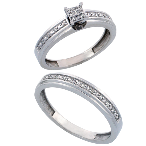 10k White Gold 2-Piece Diamond Ring Set ( Engagement Ring &amp; Man&#039;s Wedding Band ), w/ 0.21 Carat Brilliant Cut Diamonds, ( 4mm; 4mm ) wide