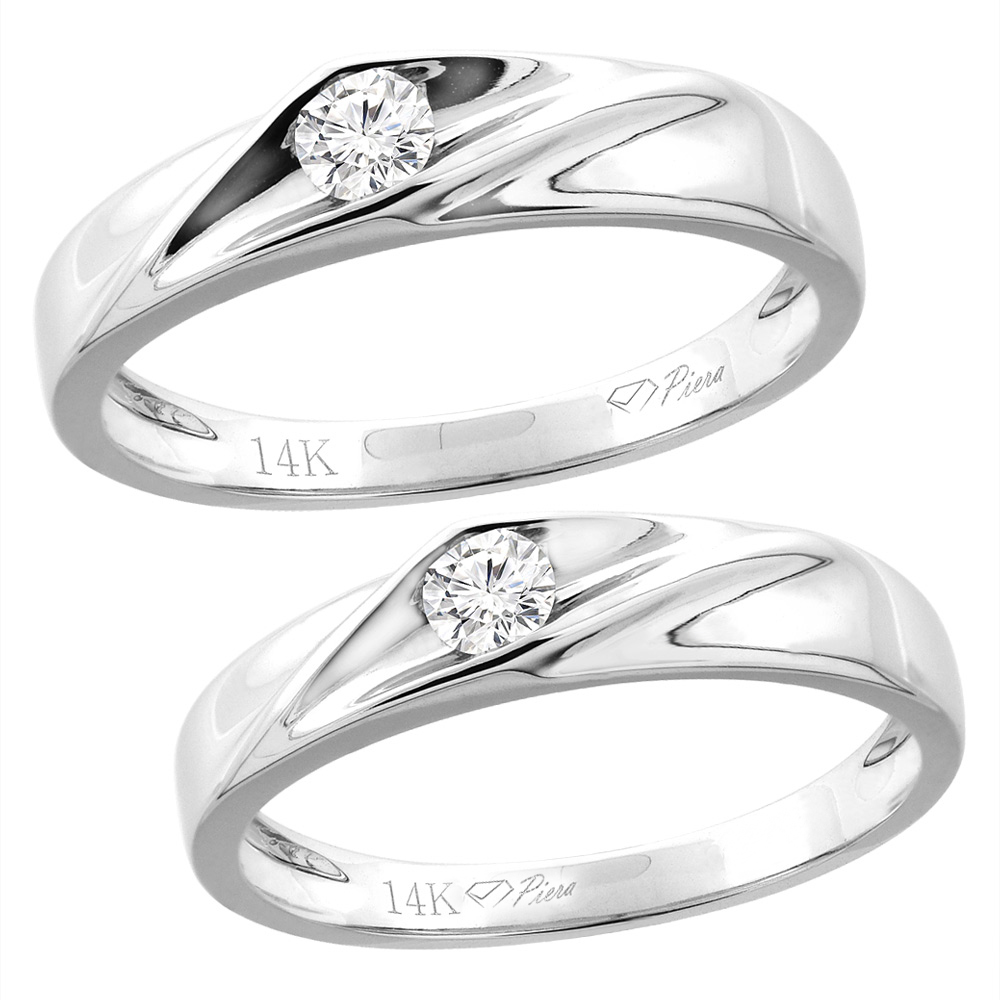 14K White Gold Solitaire 2-pc Diamond Wedding Ring Set 4 mm His & 3 mm Hers, L 5-10, M 8-14 sizes 5 - 10