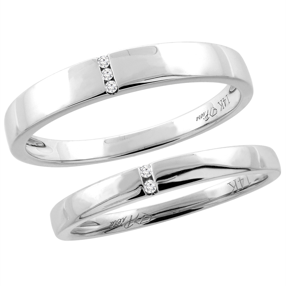 14K White Gold 2-pc Diamond Wedding Ring Set 3.5 mm His & 2 mm Hers, L 5-10, M 8-14 sizes 5 - 10