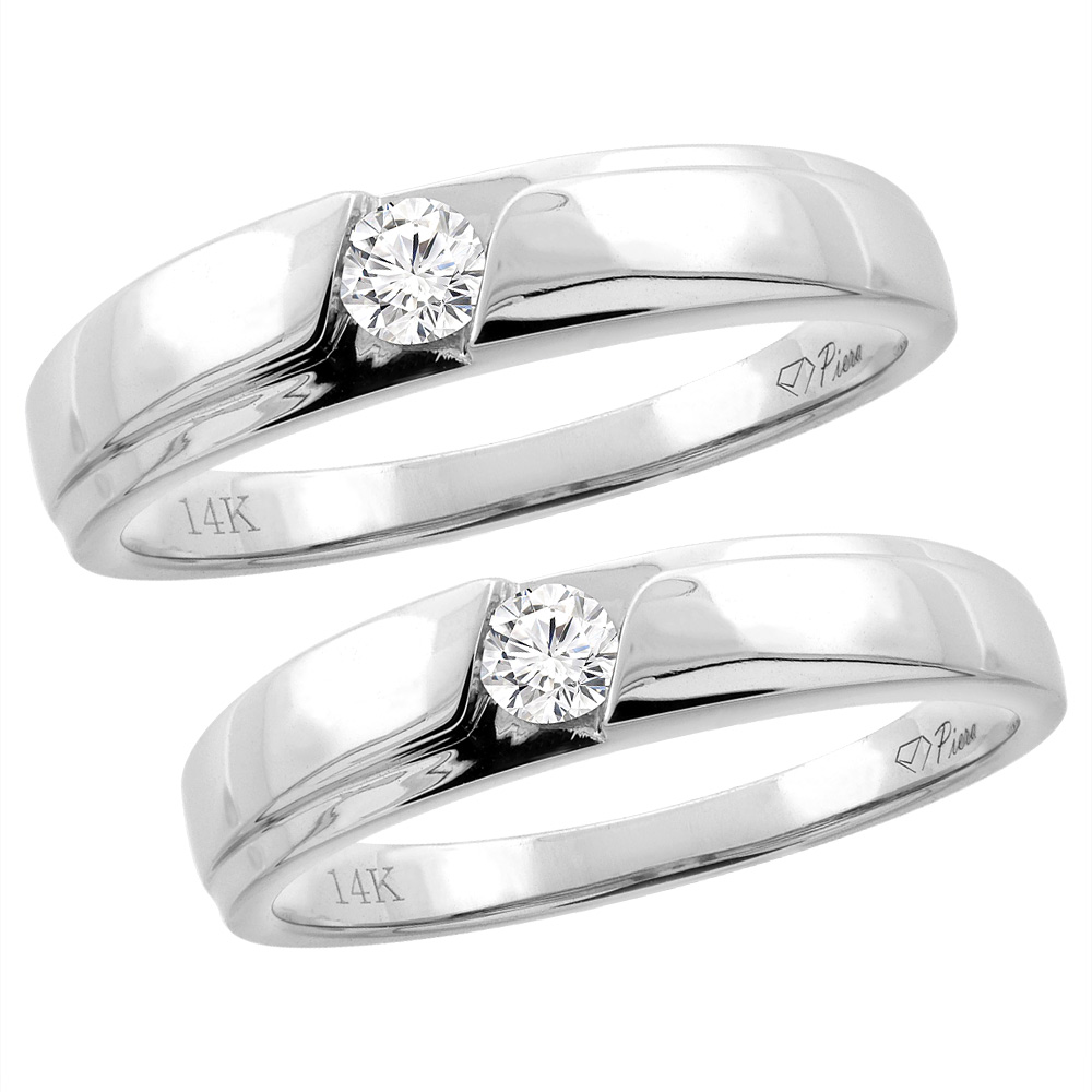 14K WHITE GOLD 2-PC DIAMOND WEDDING RING SET 5 MM HIS & 4 MM HERS, L 5-10, M 8-14 SIZES 5 - 10