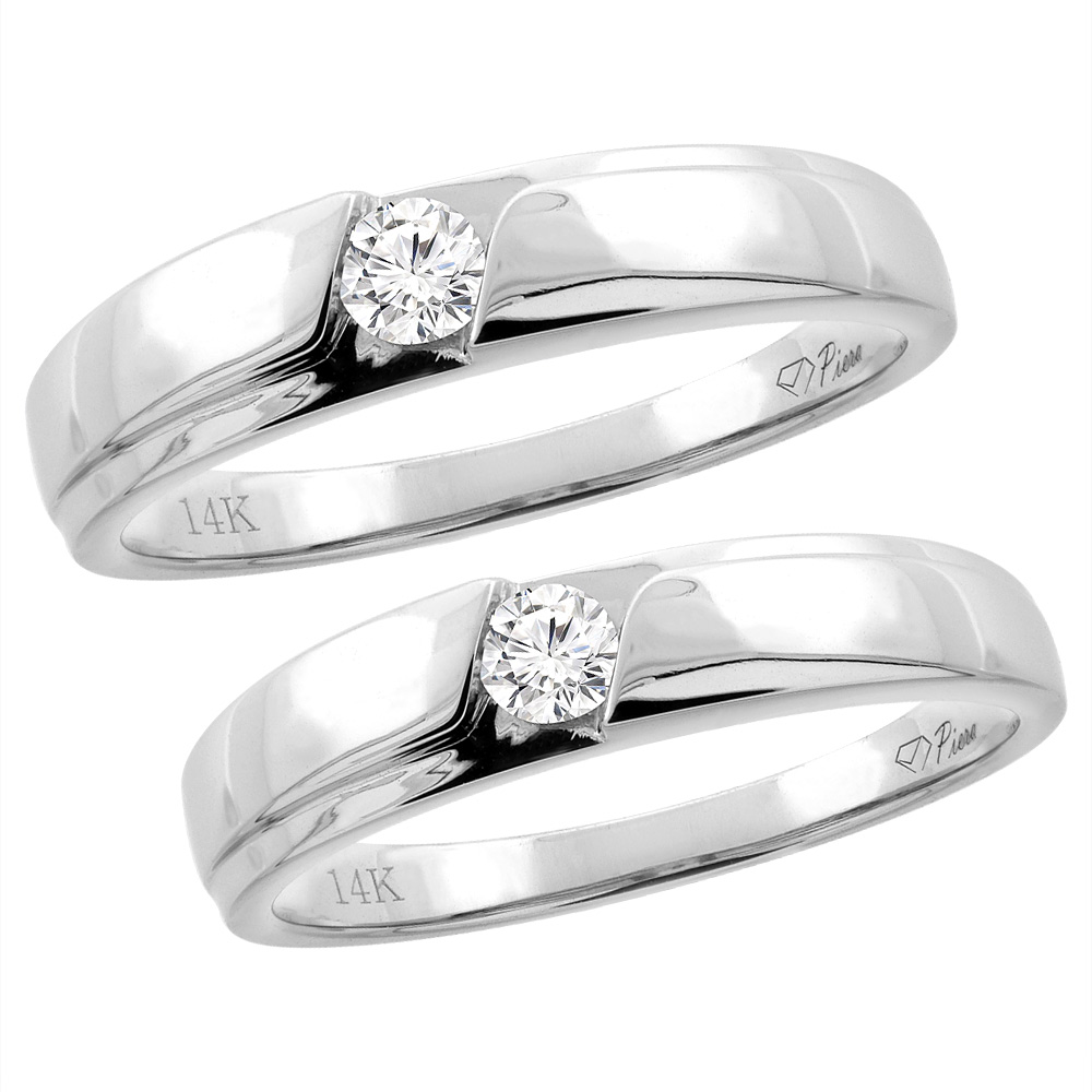 14K White Gold 2-pc Diamond Wedding Ring Set 5 mm His &amp; 4 mm Hers, L 5-10, M 8-14 sizes 5 - 10
