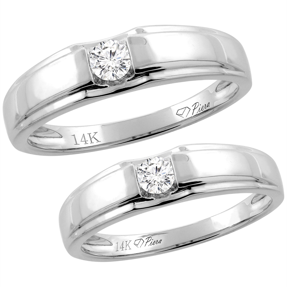 14K White Gold 2-pc Diamond Wedding Ring Set 5 mm His &amp; 4 mm Hers, L 5-10, M 8-14 sizes 5 - 10