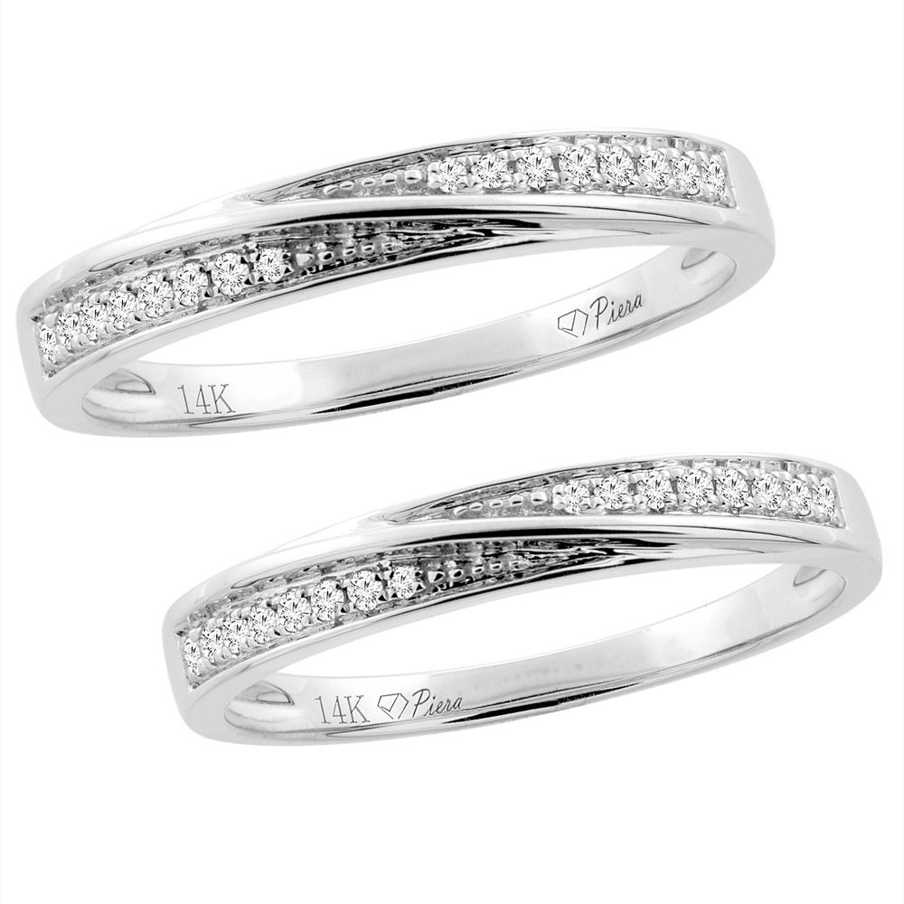 14K White Gold 2-pc Diamond Wedding Ring Set 3 mm His &amp; 2.5 mm Hers, L 5-10, M 8-14 sizes 5 - 10
