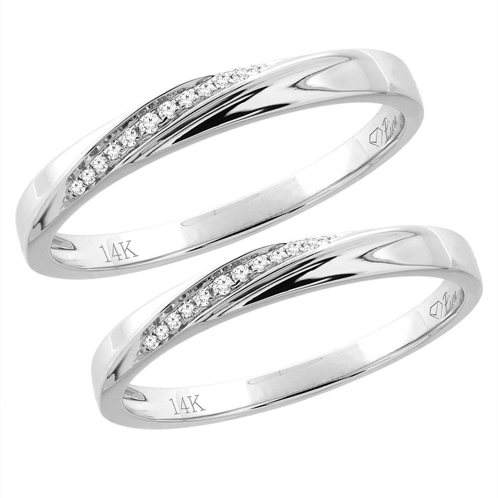 14K White Gold 2-pc Diamond Wedding Ring Set 3 mm His &amp; 2.5 mm Hers, L 5-10, M 8-14 sizes 5 - 10