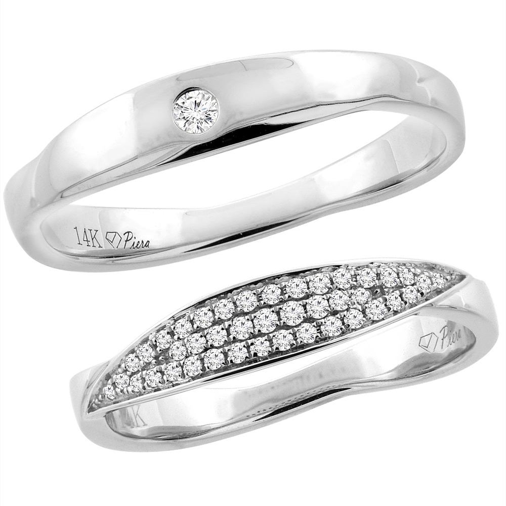 14K White Gold 2-pc Diamond Wedding Ring Set 4 mm His &amp; Hers, L 5-10, M 8-14 sizes 5 - 10