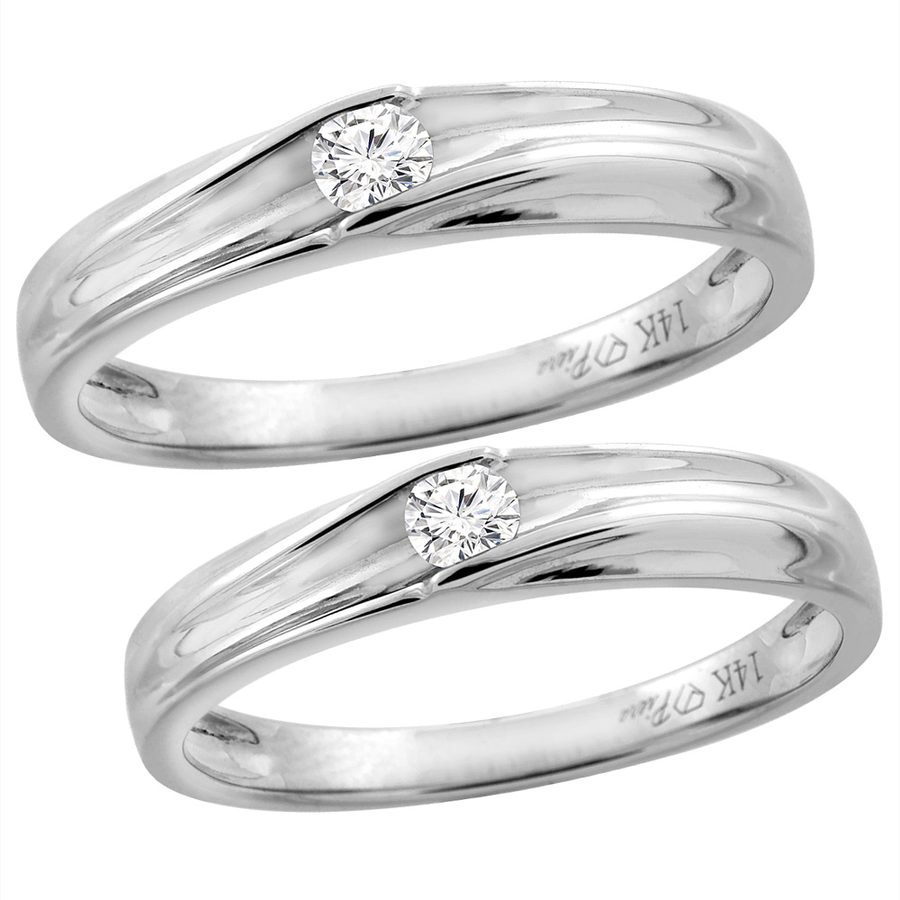 14K White Gold 2-pc Diamond Wedding Ring Set 4 mm His & 3 mm Hers, L 5-10, M 8-14 sizes 5 - 10