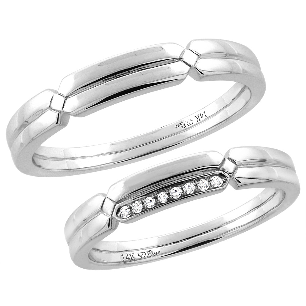 14K White Gold 2-pc Diamond Wedding Ring Set 3.5 mm His &amp; 3 mm Hers, L 5-10, M 8-14 sizes 5 - 10