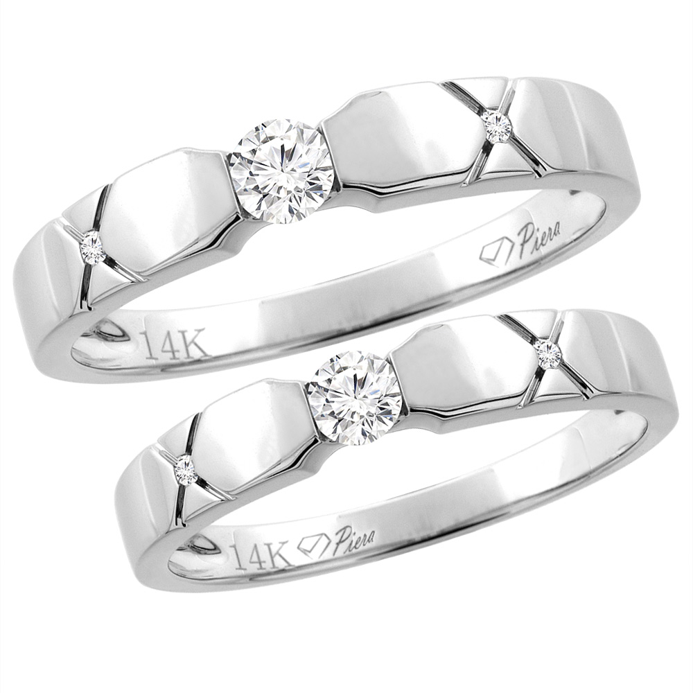 14K White Gold 2-pc Diamond Wedding Ring Set 4 mm His &amp; 3 mm Hers, L 5-10, M 8-14 sizes 5 - 10