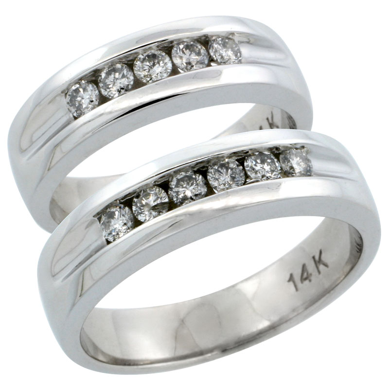 14k White Gold 2-Piece His (5.5mm) &amp; Hers (5.5mm) Diamond Wedding Ring Band Set w/ 0.66 Carat Brilliant Cut Diamonds; (Ladies Size 5 to10; Men&#039;s Size 8 to 12.5)